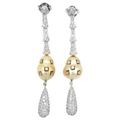 Golden South Sea Pearl and Diamond Dangle Earrings