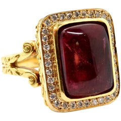 Yellow Gold, 0.50 Carat Diamond and Pink Tourmaline Cabochon Ring