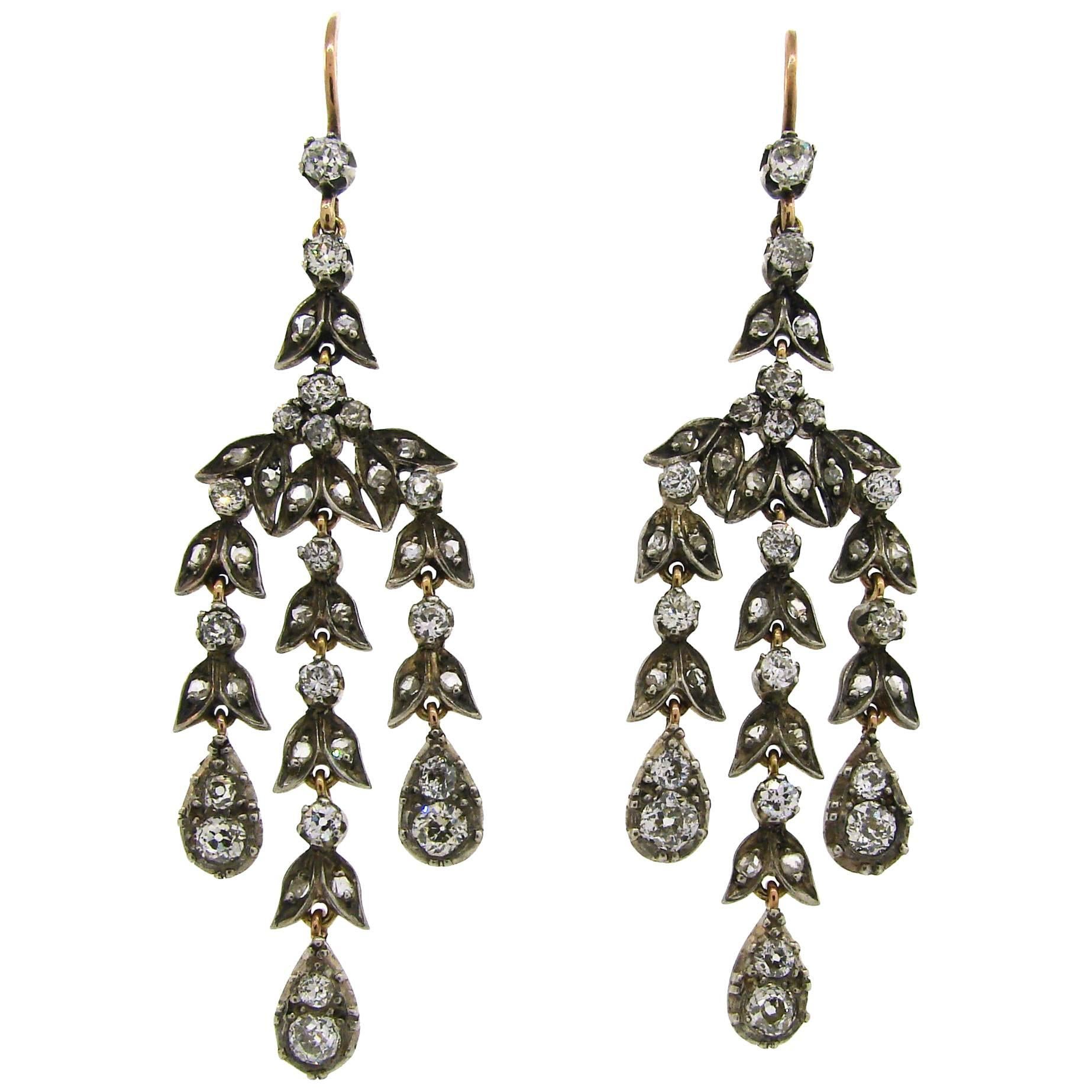 Diamond Silver Yellow Gold Dangle Earrings, Victorian Antique