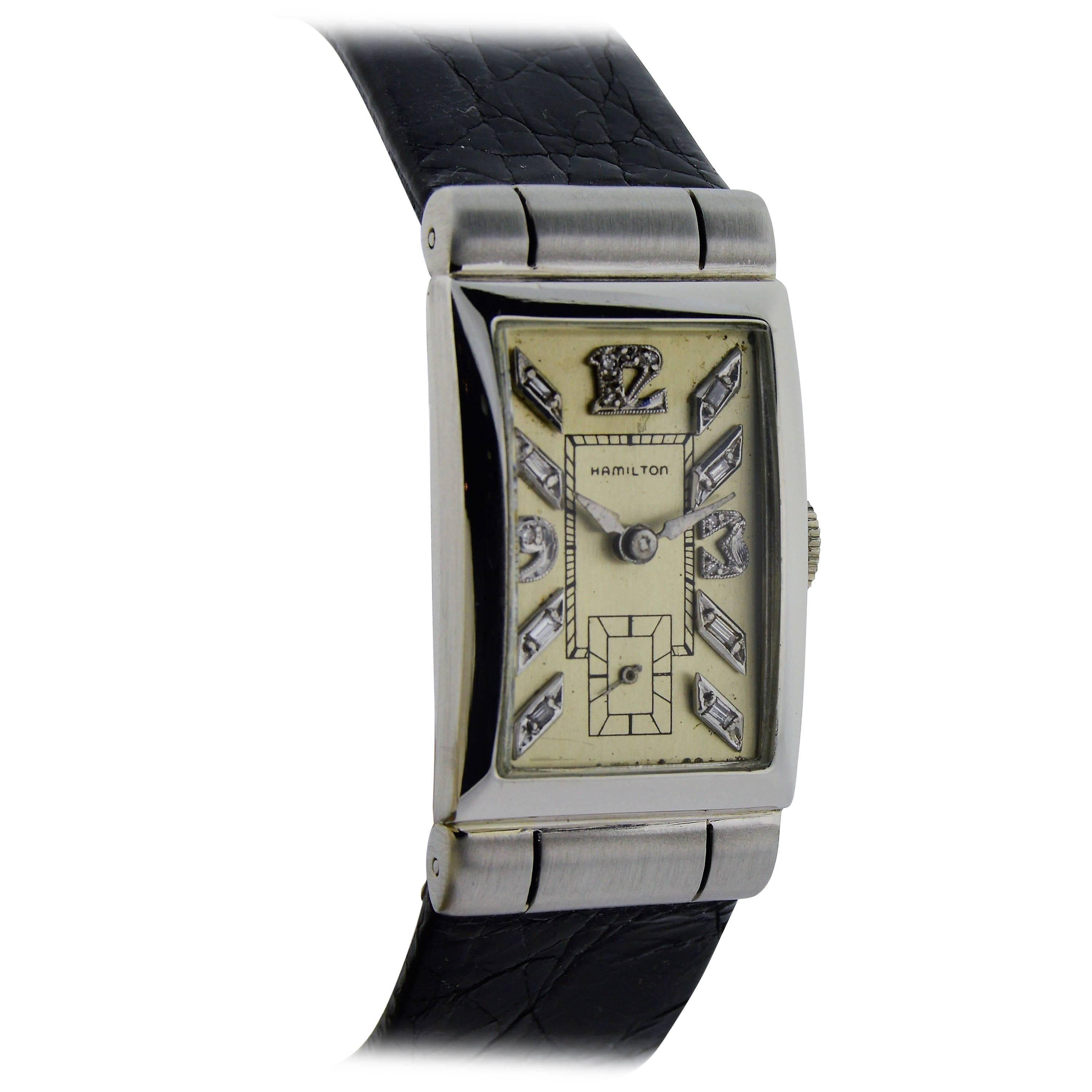 Hamilton Platinum Art Deco Diamond Baguette Dial Manual Wind Watch circa 1940's