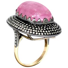 Victorian Style Cabochon Pink Tourmaline and Diamond Cocktail Ring