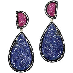 Victorian Style Carved Ruby and Blue Sapphire Dangling Earring