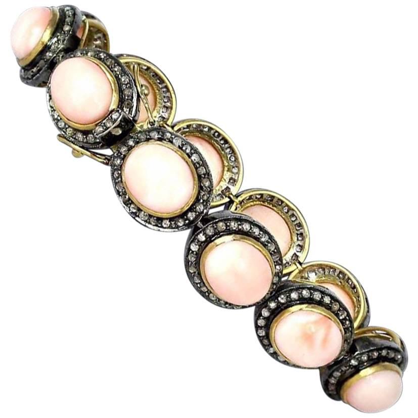 Victorian Style Cabochon Coral and Diamond Bracelet