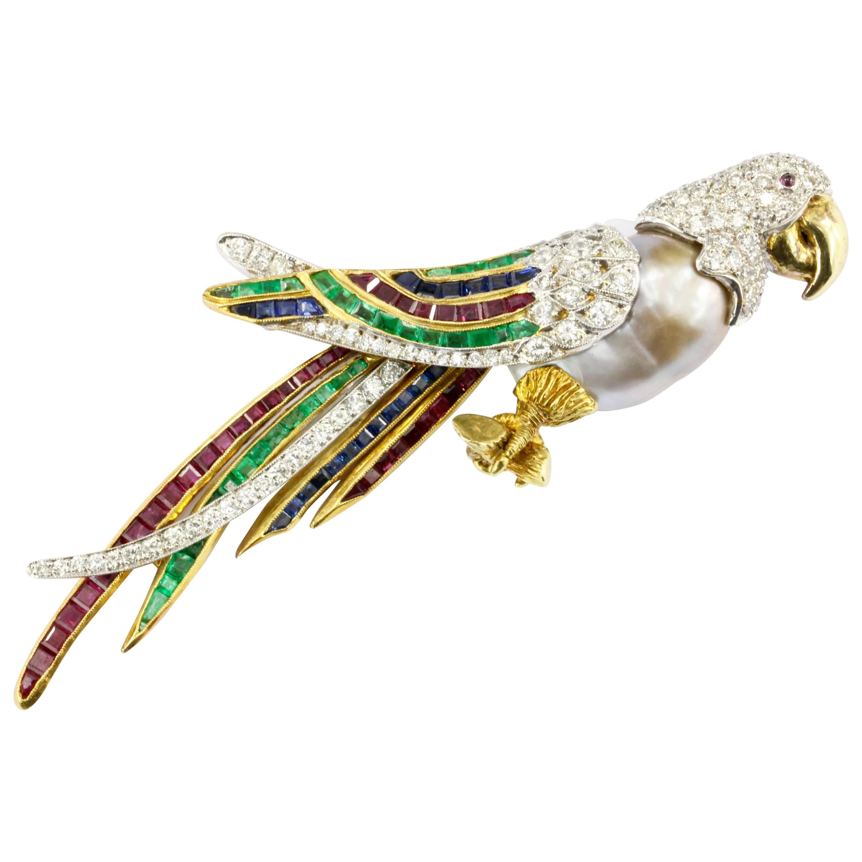 18K Gold and Platinum Baroque Pearl Ruby Emerald Sapphire Diamond Parrot Brooch
