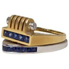 Industrial Style Stacking Rings, Platinum, 18k Gold, Sapphires, Diamonds