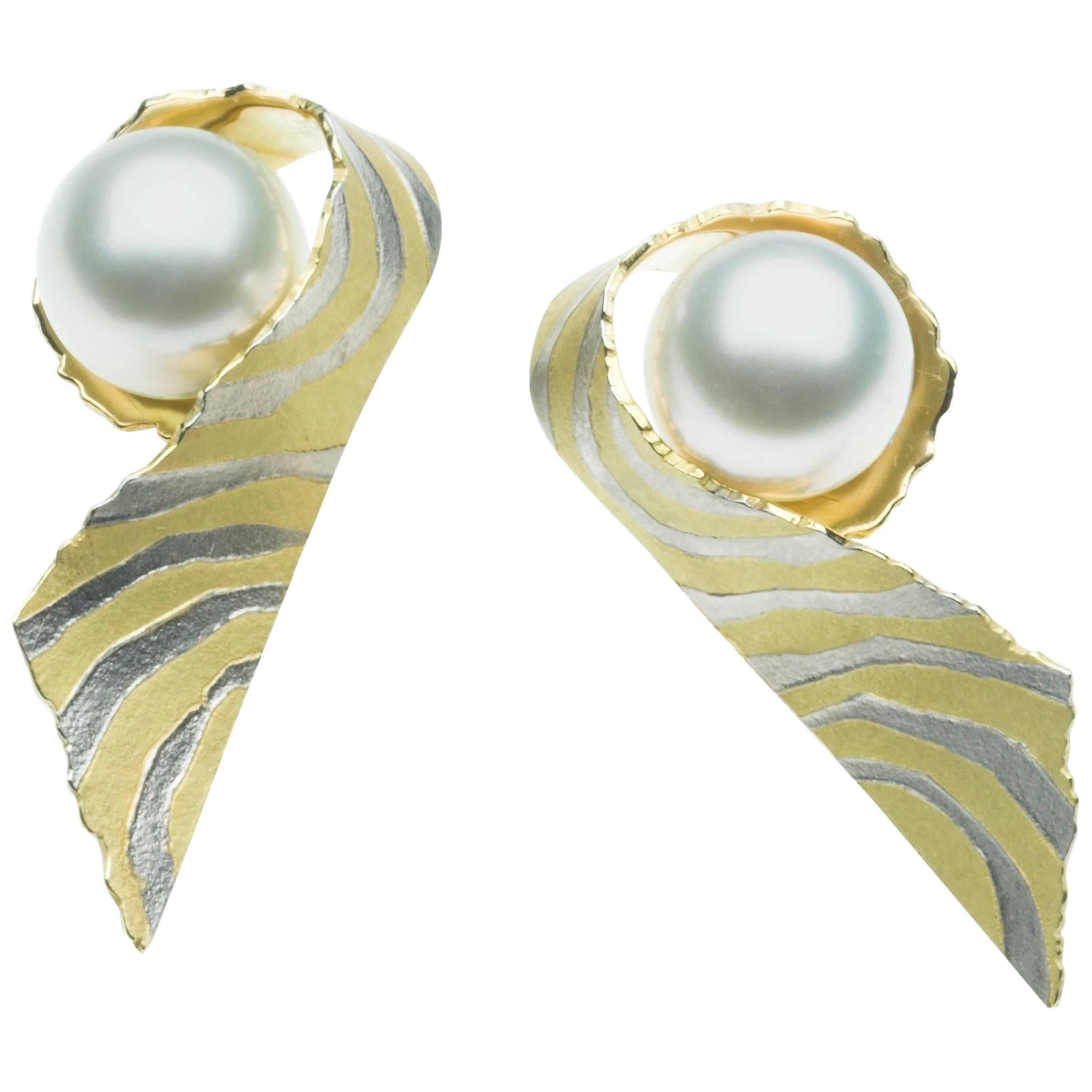 Annabel Eley South Sea Pearl 18 Karat Yellow Gold Platinum Stud Earrings For Sale