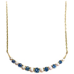 Sapphire and Pearl Gold Crescent Moon Necklace