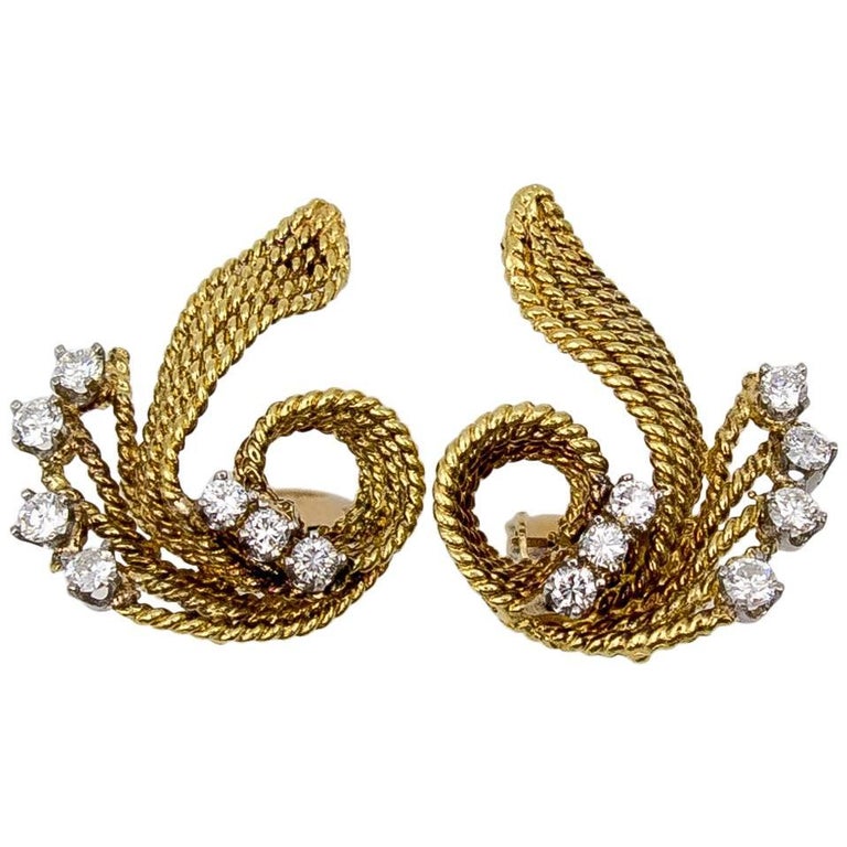18ct Yellow Gold Diamond Curlicue Drop Earrings