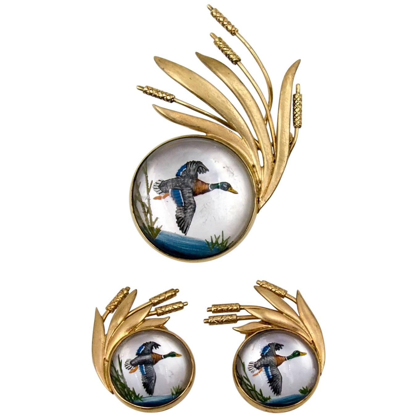 Gold Essex Crystal Up-Country Duck Hunting Motif Suite