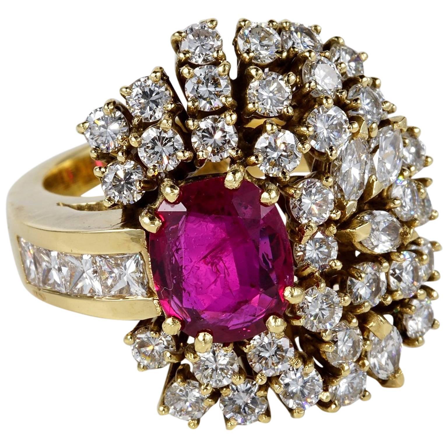 Vintage 2.20 Natural Untreated Ruby Up 4.15 Carat Diamond Bombe Ring For Sale