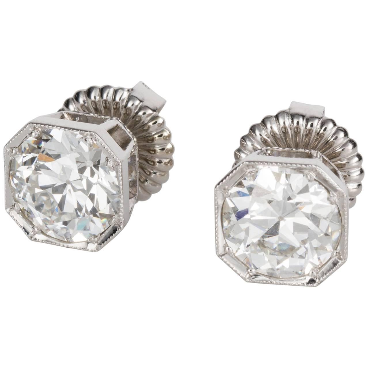 4.25ct GIA Certified Old Cut Diamond 18 Karat White Gold Stud Earrings