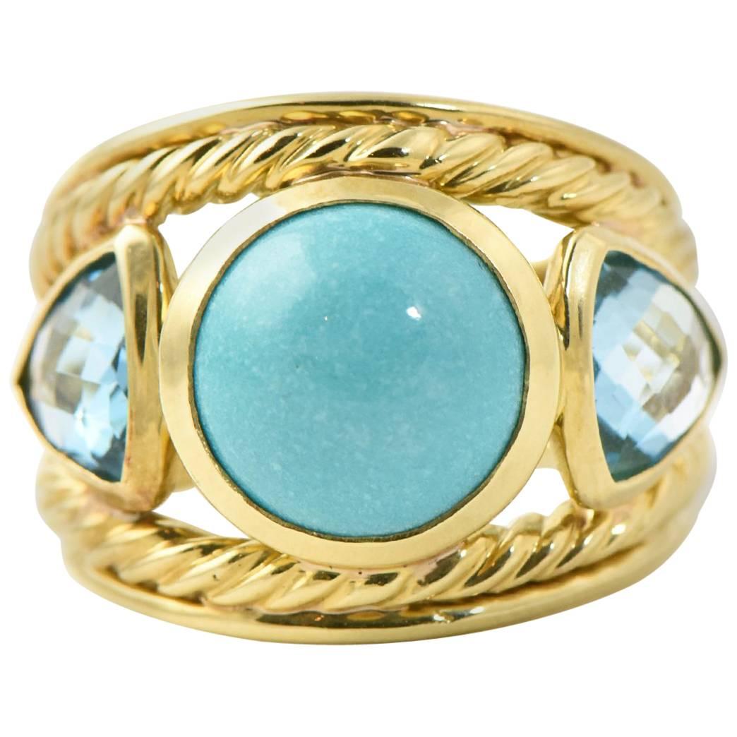 David Yurman Turquoise, Blue Topaz Gold Renaissance Ring