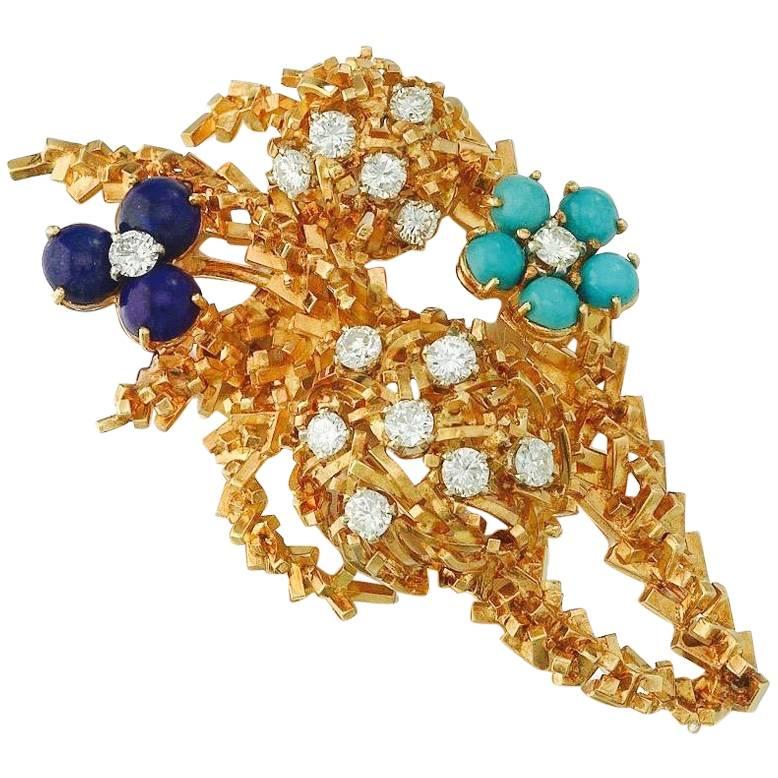 French 1960s 18k Gold Lapis Turquoise Diamond Brooch Pendant for Necklace