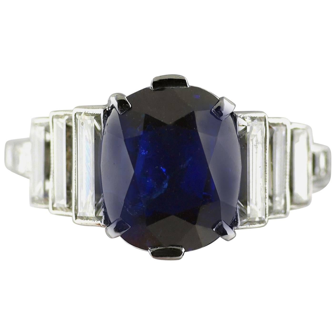 2.99 carat Cushion Cut Certified Untreated Sapphire Platinum Art Deco Ring