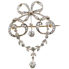 Belle Epoch Edwardian Diamond and 14 Karat Gold Bow Motif Round Brooch / Pendant