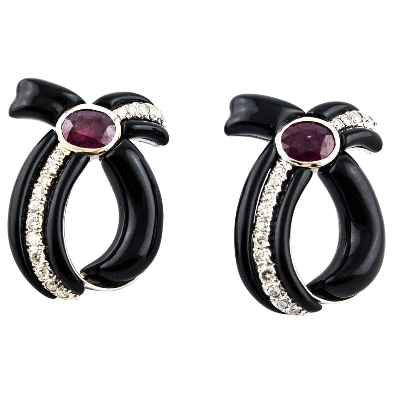 Diamonds Rubies and Onyx Drop Earrings  For Sale