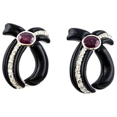 Retro Diamonds Rubies and Onyx Drop Earrings 