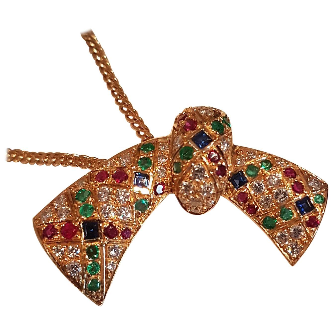 Van Cleef & Arpels Diamond, Sapphire, Ruby, Emerald Bow Pendant and Earrings For Sale