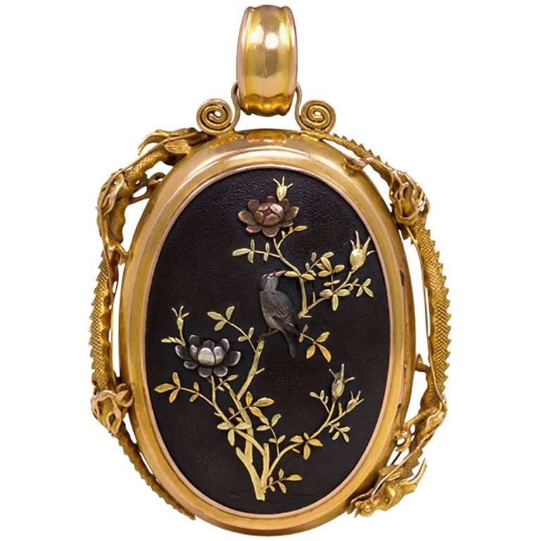 Victorian Double-Sided Shakudo Locket With Dragons