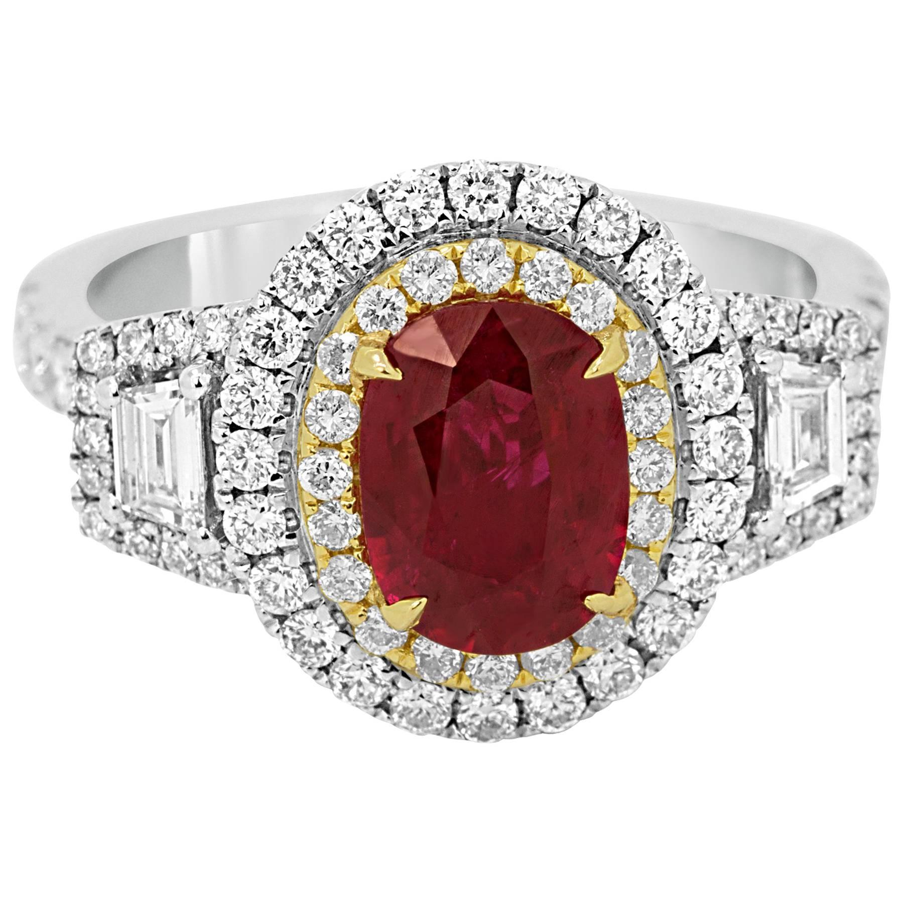 GIA Certified Ruby Oval Diamond Halo Two-Color Gold Three Stone Bridal Ring