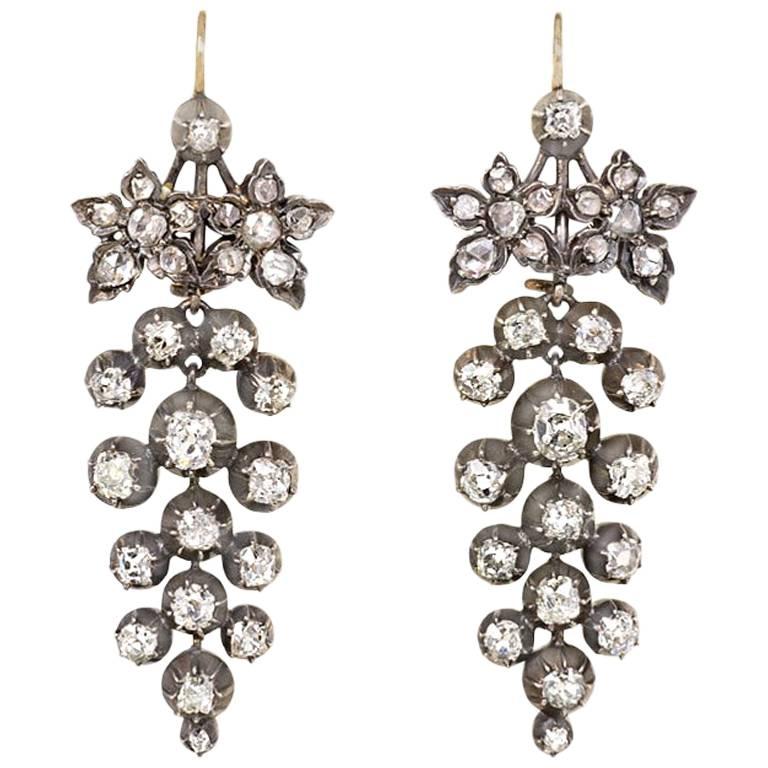 Antique Old-Mine Diamond Grape Cluster Pendant Earrings For Sale