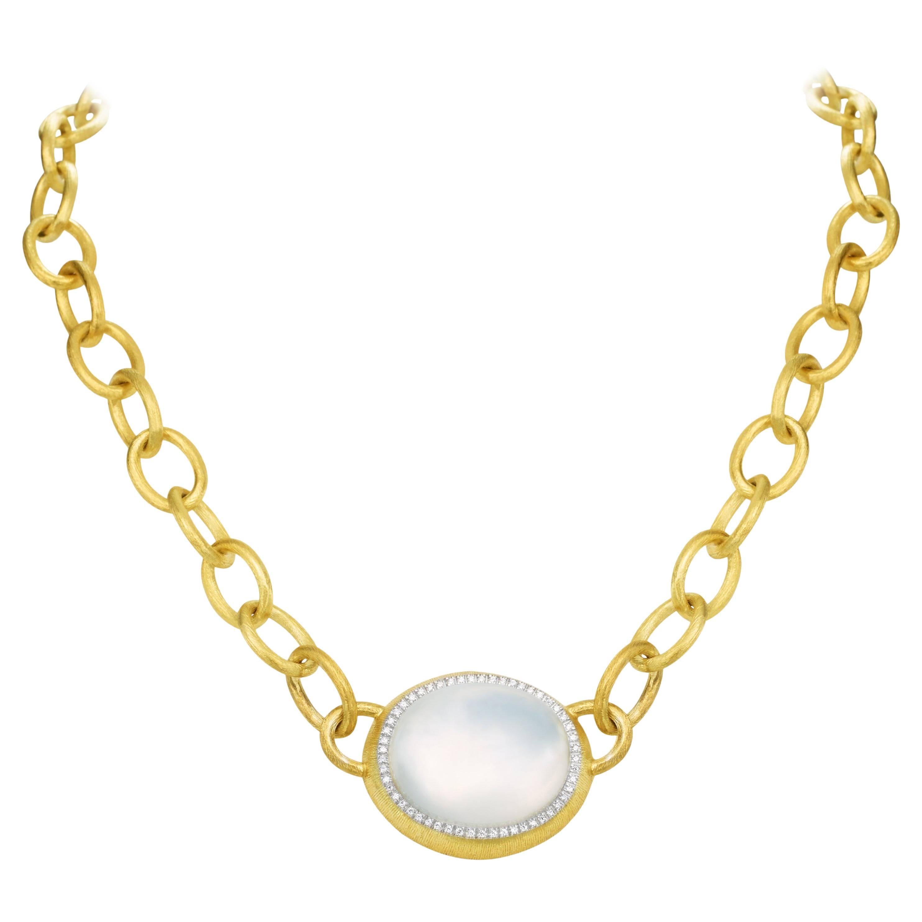Milky Quartz Link Necklace 18 Karat Yellow Gold For Sale