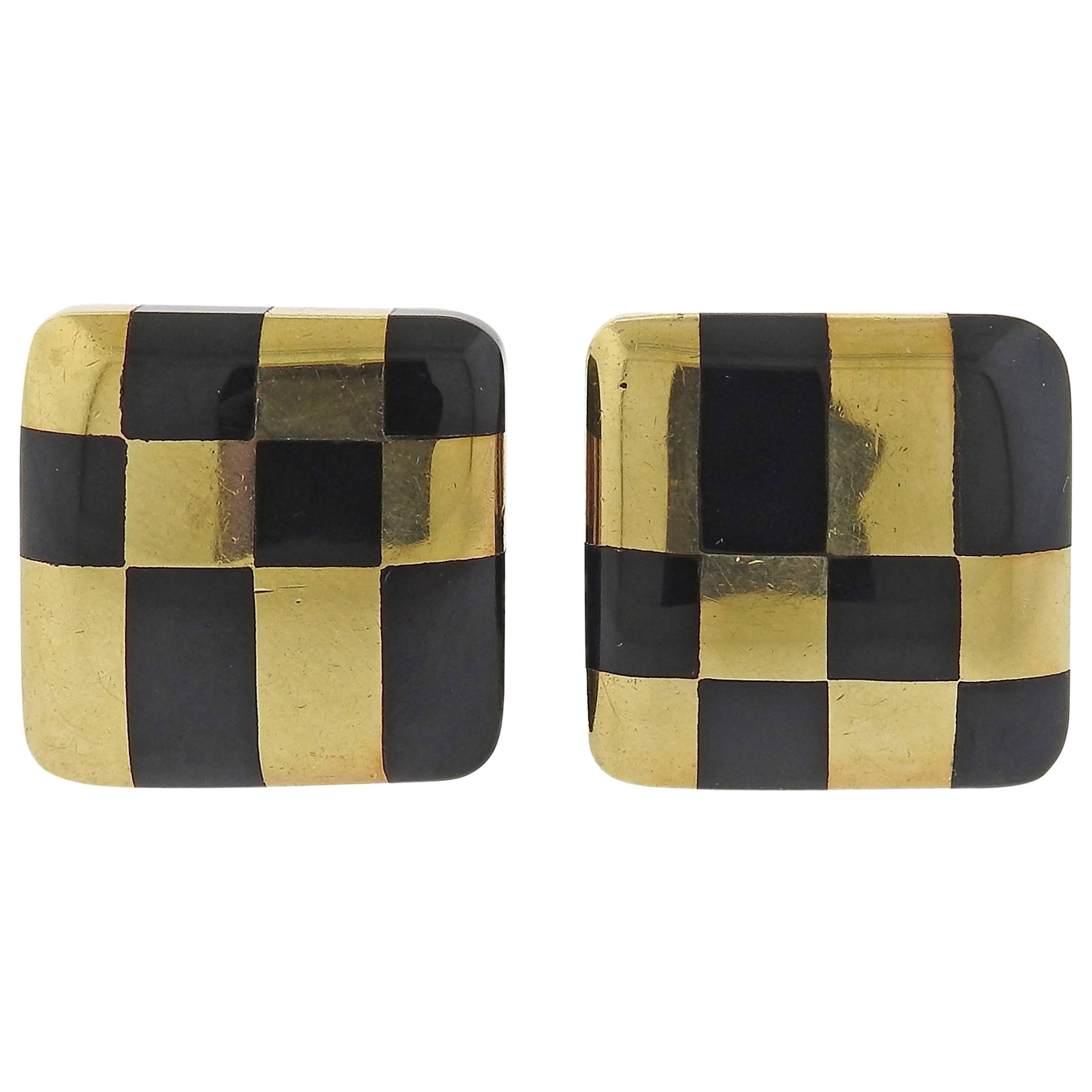 Tiffany & Co Jade Inlay Gold Checkered Earrings  For Sale