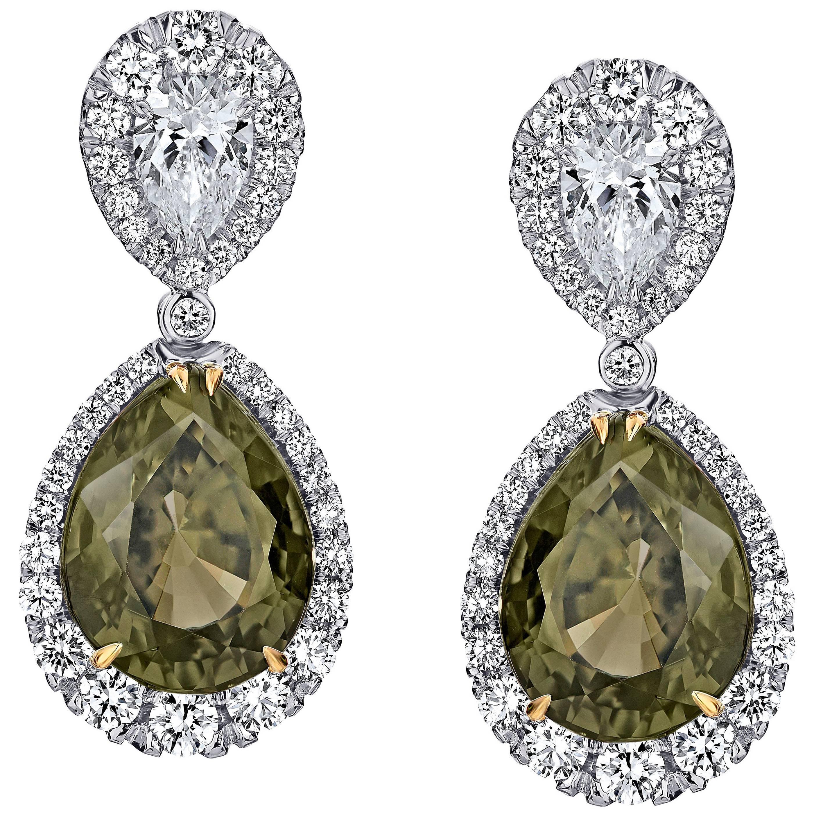 Pear Shape Green Sapphire and Diamond Platinum Drop Earrings