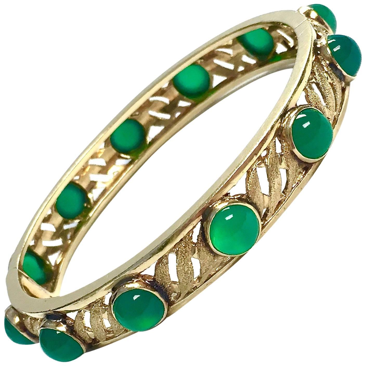 Ruser Vintage Green Chalcedony Gold Hinged Bangle Bracelet For Sale