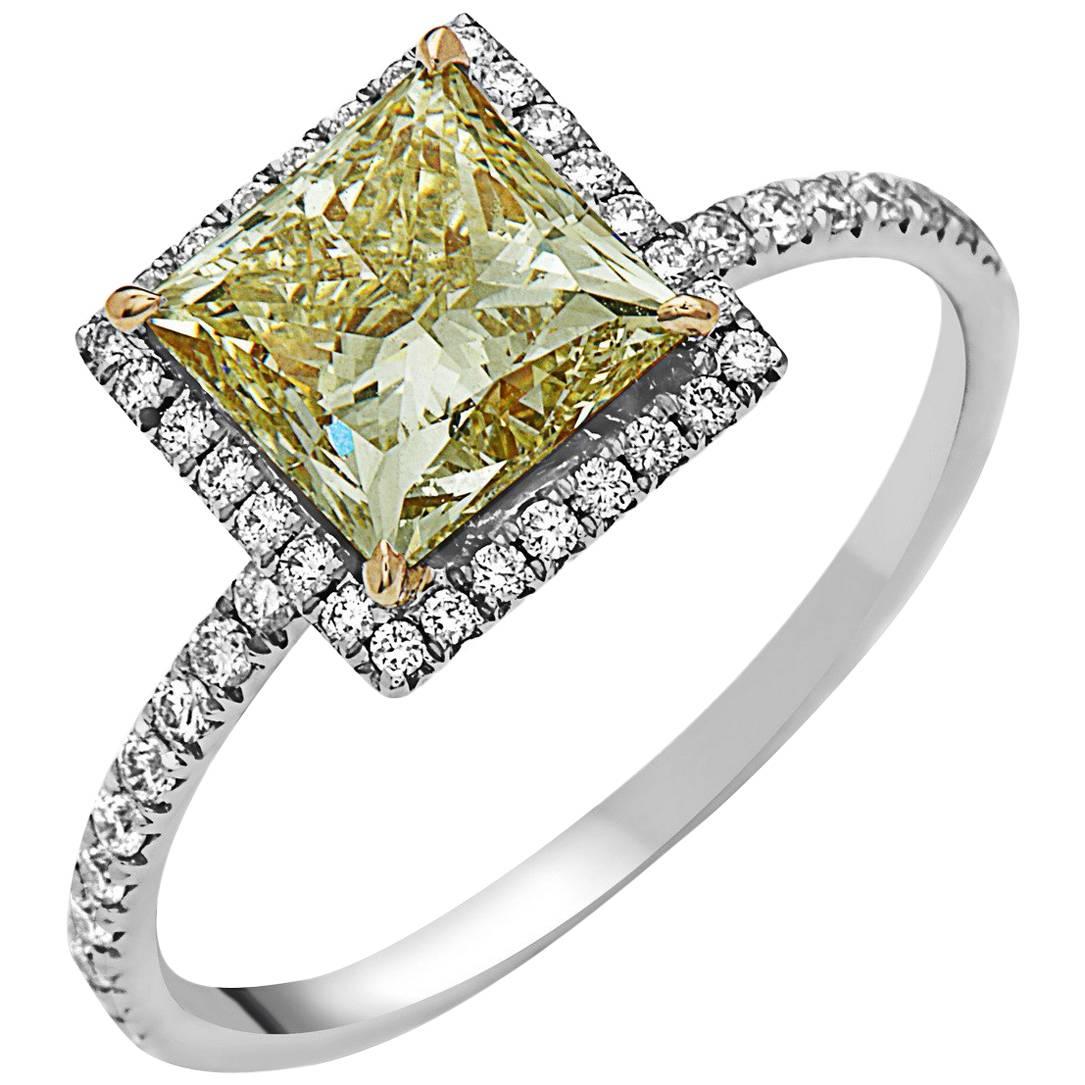 Emilio Jewelry GIA Certified 2.28 Carat Fancy Yellow Princess Cut Diamond Ring