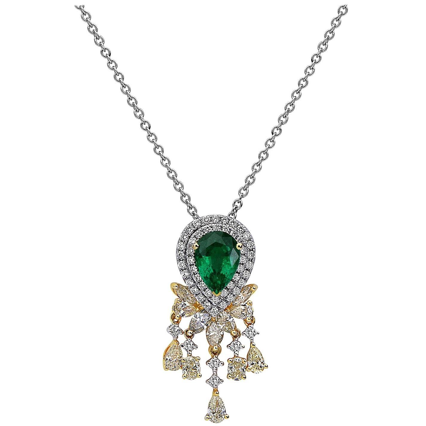 Emilio Jewelry 4.53 Carat Pear Shape Emerald Yellow Diamond Necklace