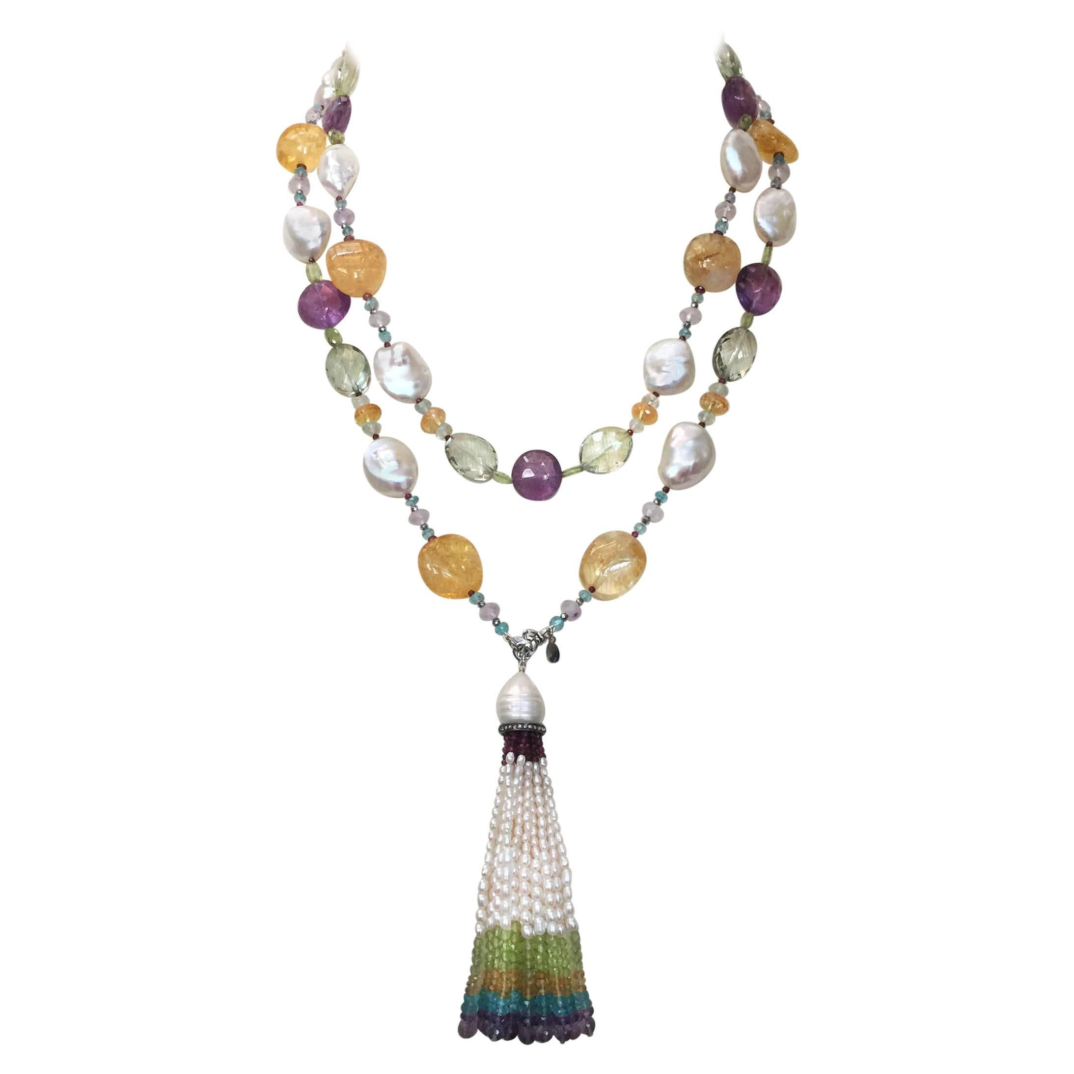 Marina J Citrine, Pearl, Amethyst, Aquamarine and Peridot Sautoir with 14 K Gold