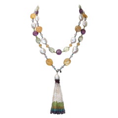 Marina J Citrine, Pearl, Amethyst, Aquamarine and Peridot Sautoir with 14 K Gold