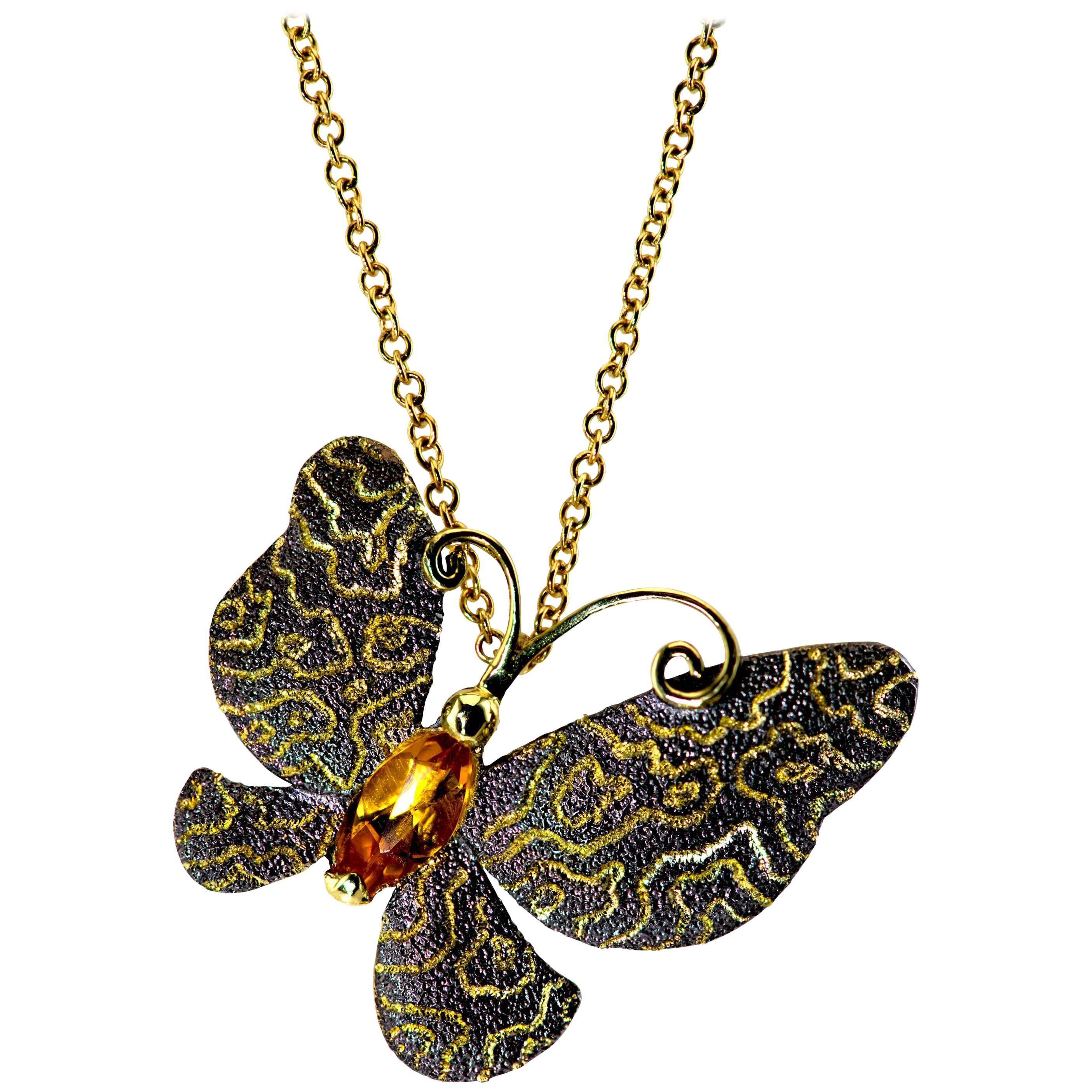 Citrine Gold Butterfly Pendant Necklace Pin on Chain One of a Kind