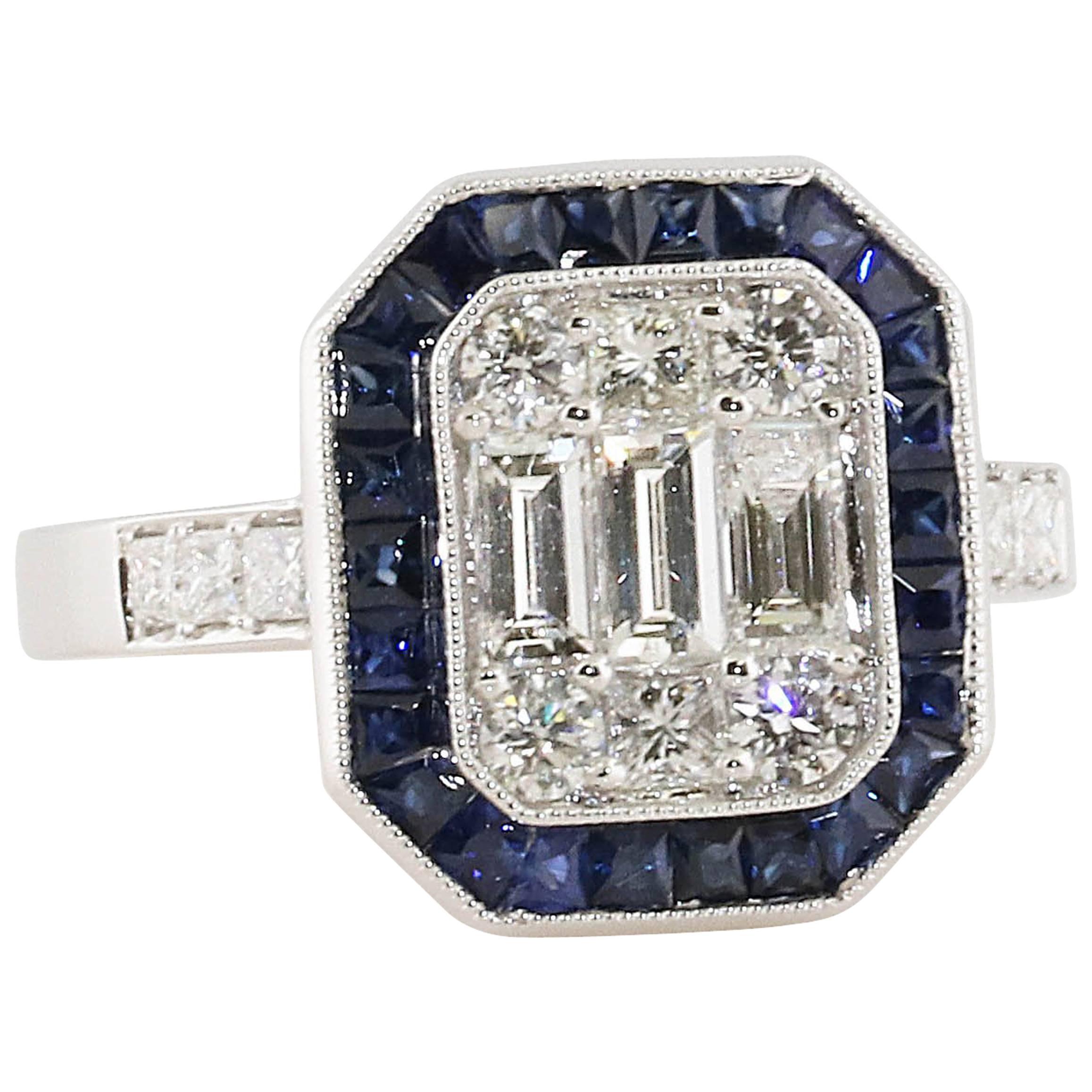 Mosaic Emerald Cut Diamond and Sapphire Engagement Ring, 18 Karat White Gold