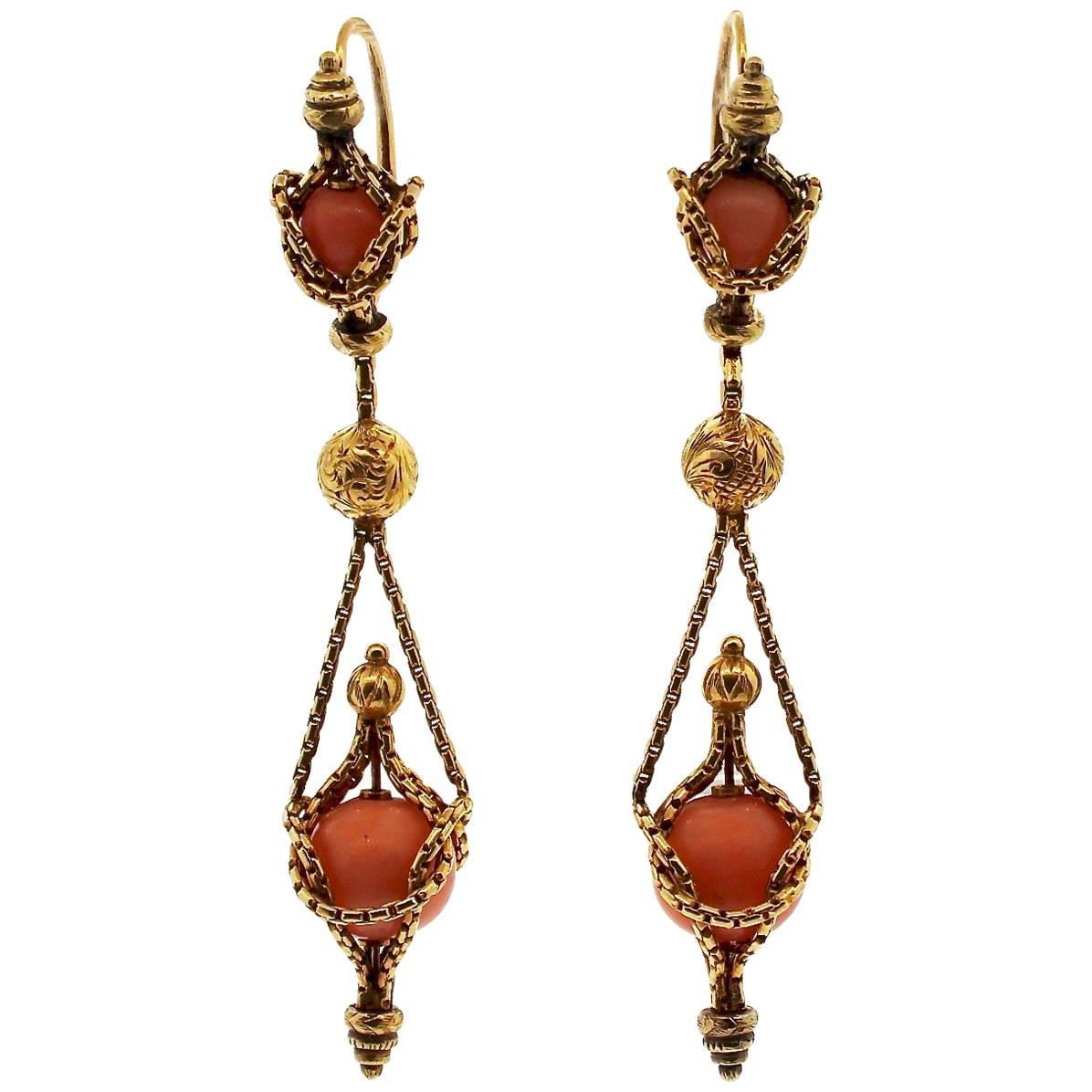 Victorian Etruscan Revival Gold Coral Dangling Earring For Sale