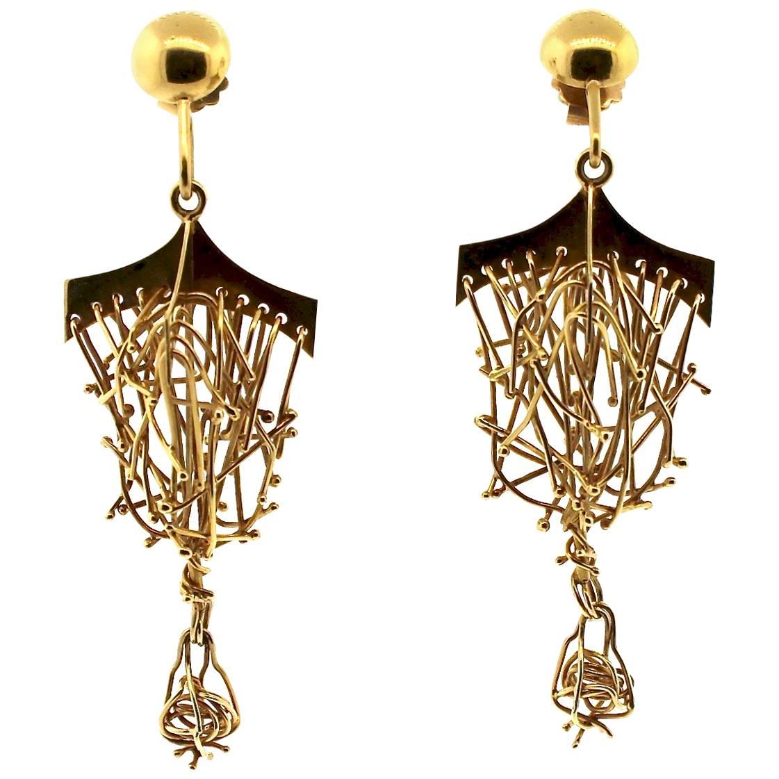 Brutalist  Gold Hanging Earring For Sale