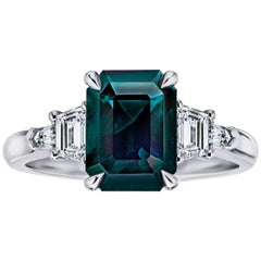 3.83 Carat Emerald Cut Green Sapphire and Diamond Platinum Ring