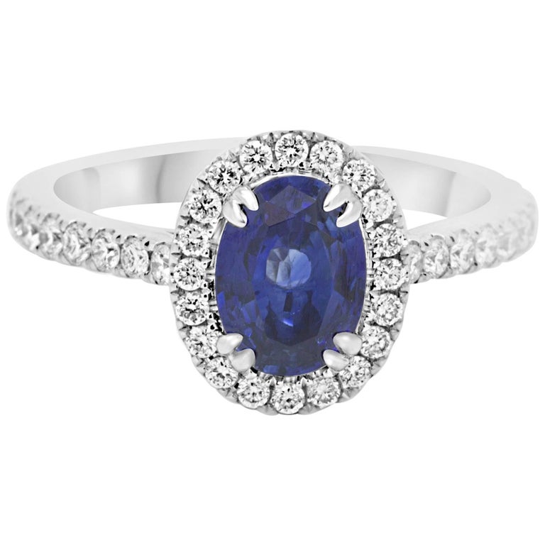 Blue Sapphire Oval Diamond Round Halo White Gold Bridal Fashion