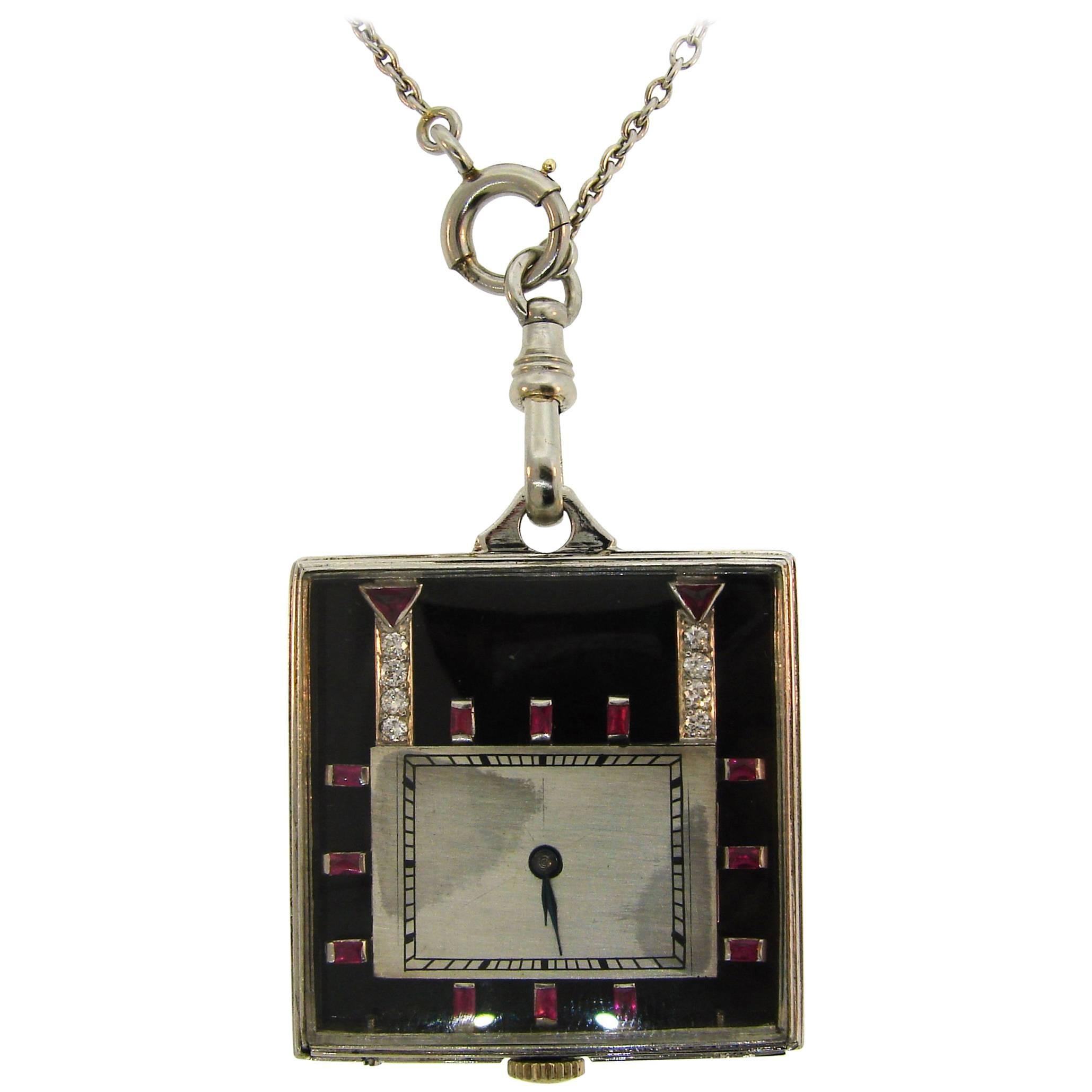 Platinum Diamond Ruby Black Onyx Pearl Pendant Watch Necklace, 1950s