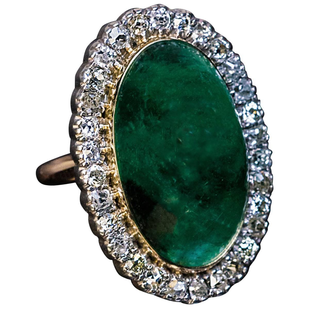 Antique 19 Carat Cabochon Cut Emerald  Diamond Ring For Sale