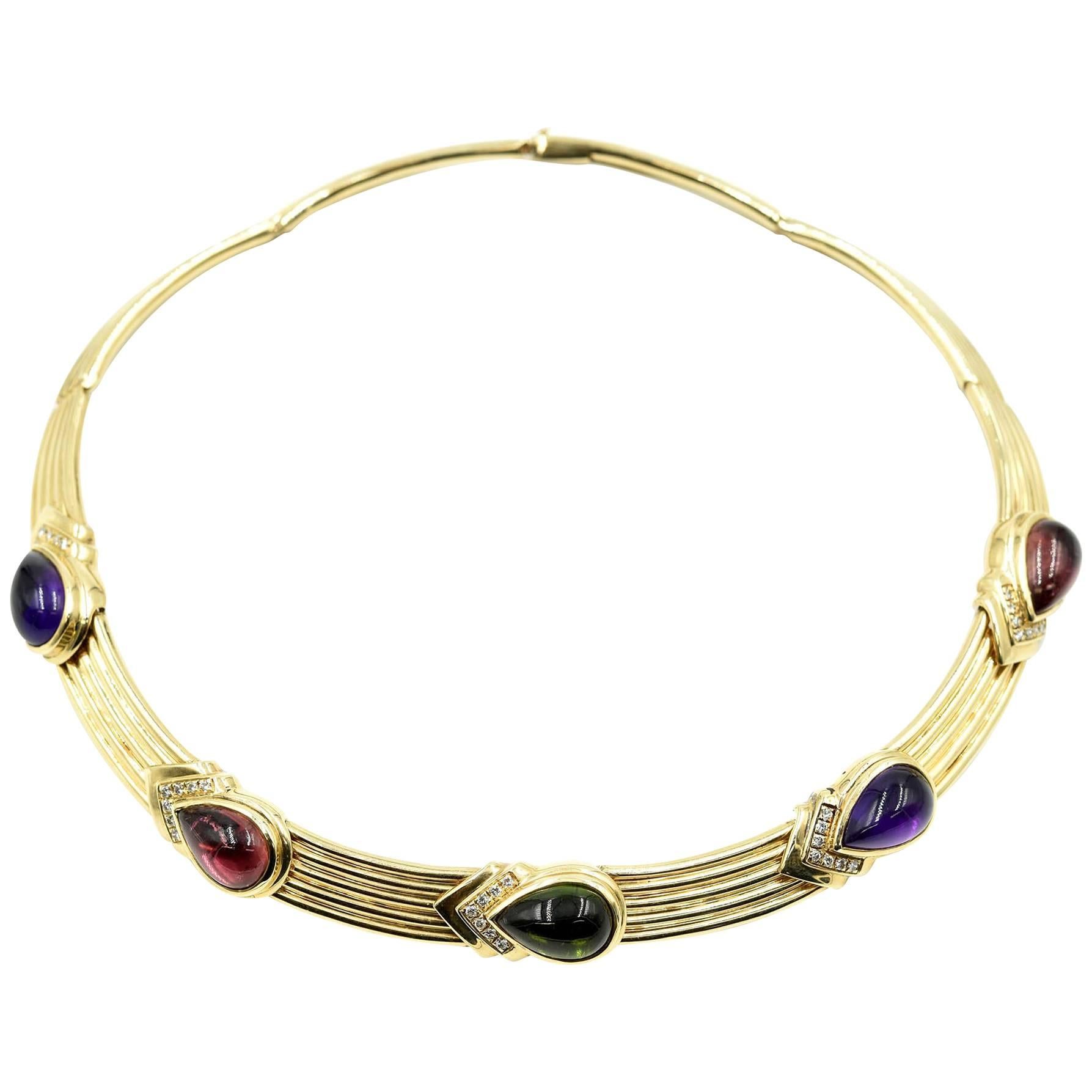 14k Yellow Gold with Diamond and Gemstone Collar Necklace