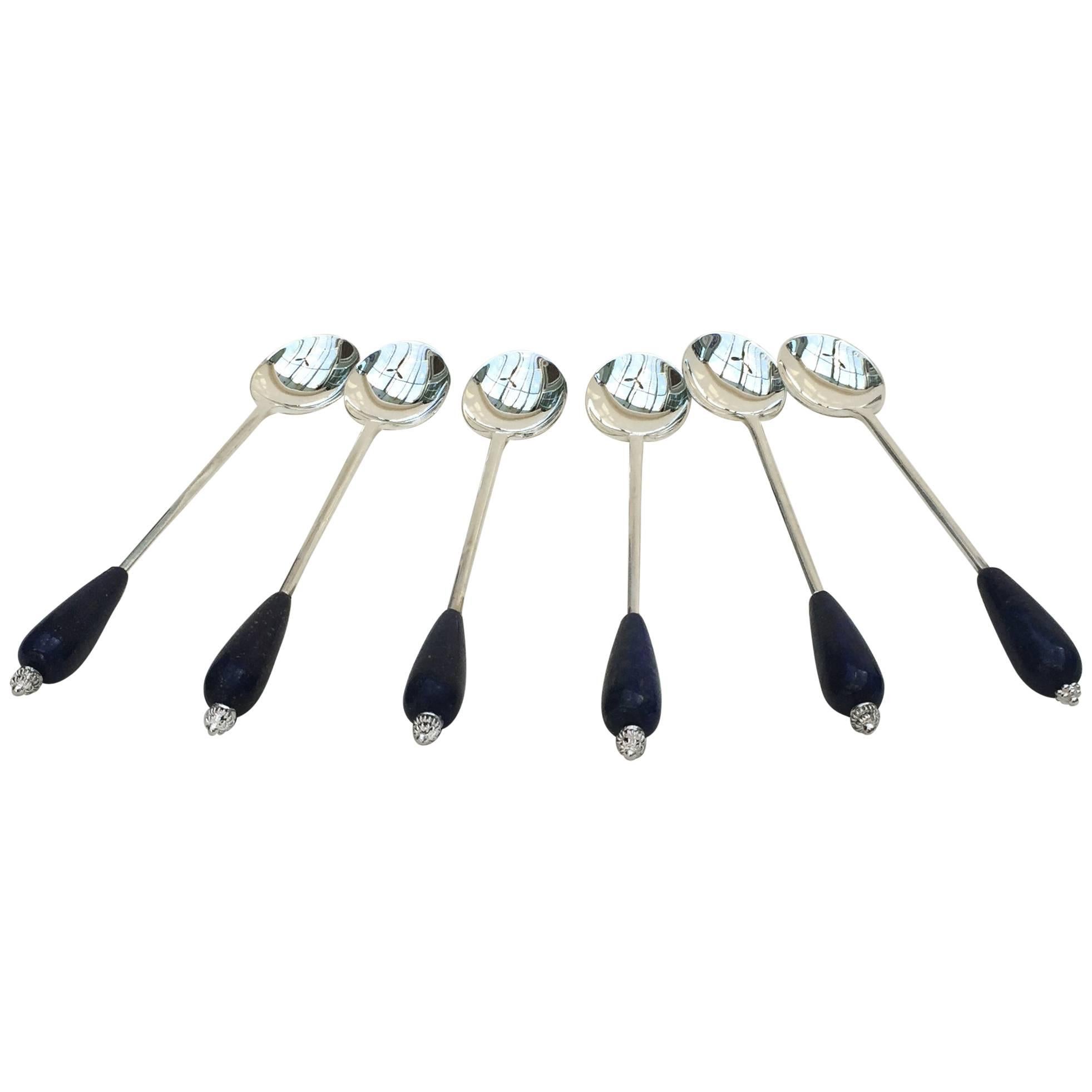 Six English Silver Plated Tea Spoon Set with Lapis Lazuli by Marina J