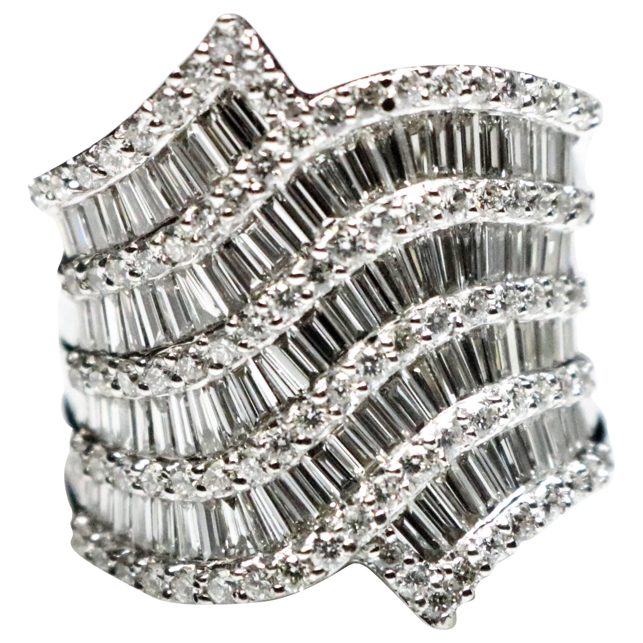 Multi-Row Round and Tapering Baguette Diamond Ring For Sale