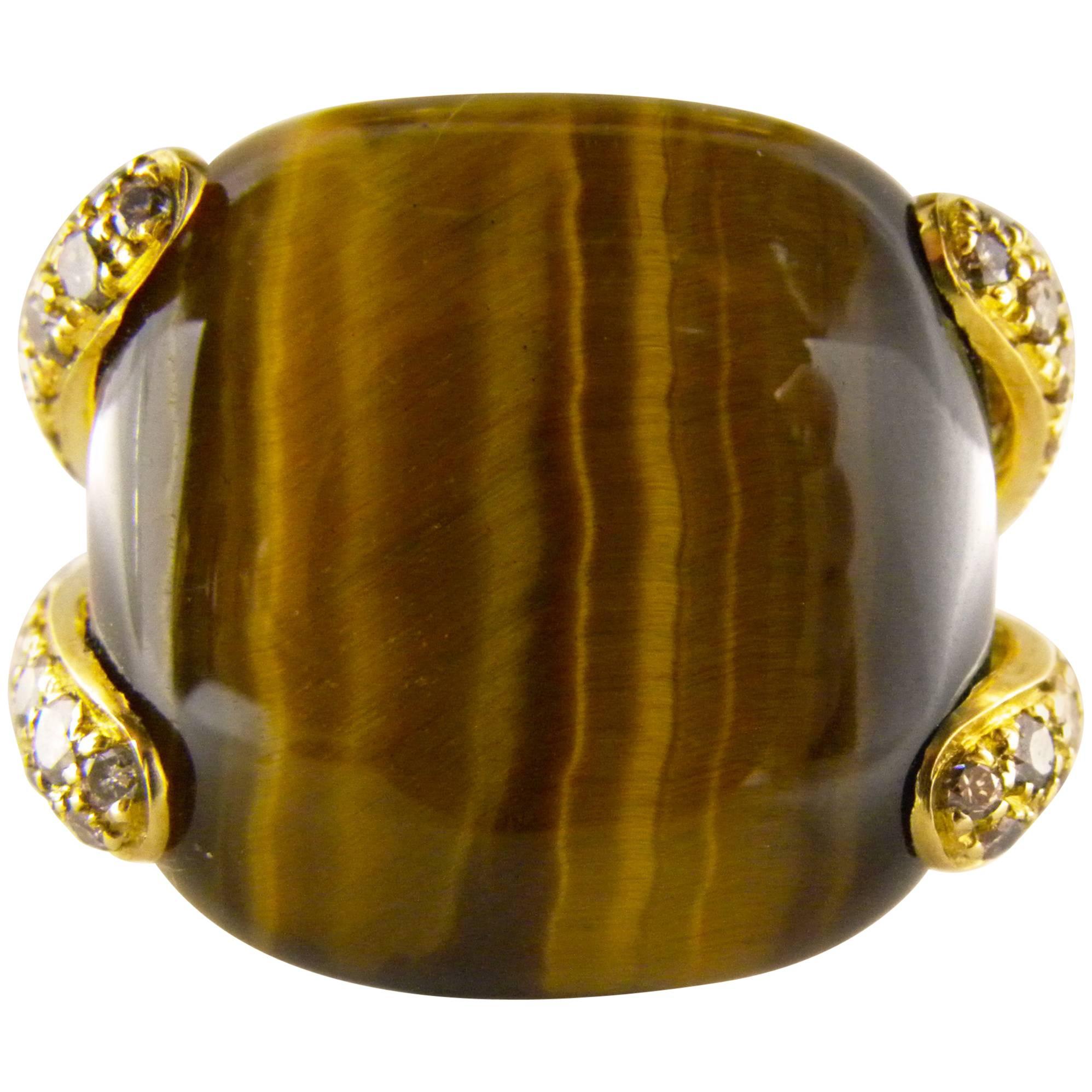 Natural 31.50 Carat Tiger's Eye Cushion Cut Champagne Diamond Cocktail Ring