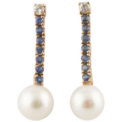 Vintage Diamonds Sapphires Big Australian Pearls Rose Gold Earrings