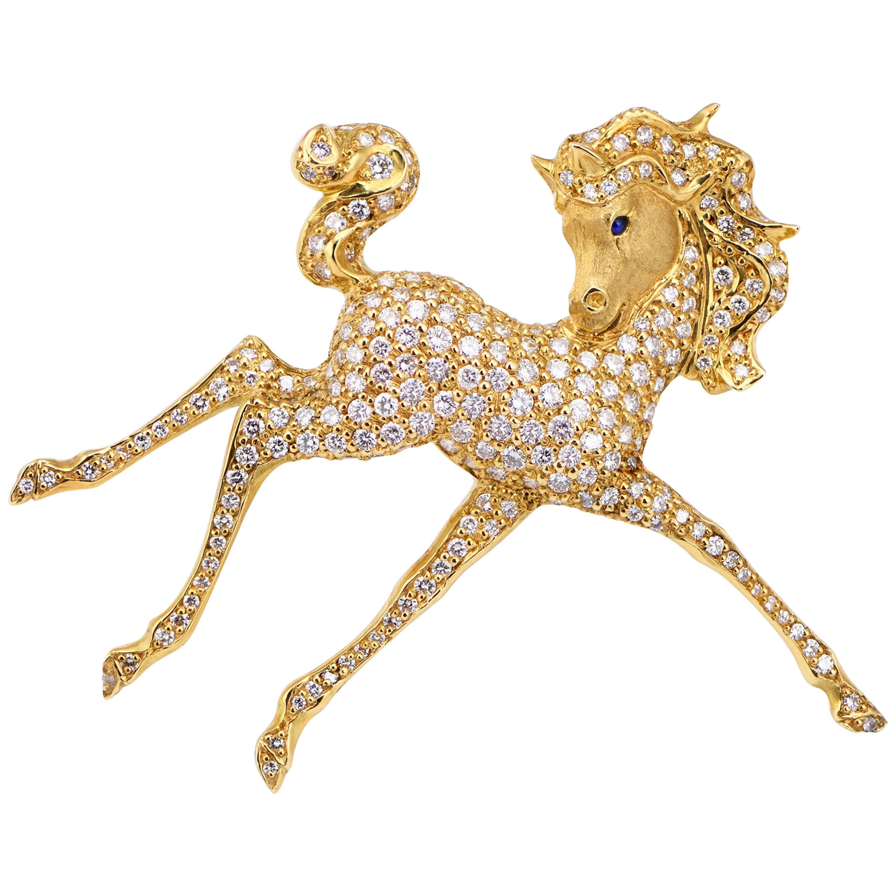 Finely Sculpted 18 Carat Gold Skipping Foal Brooch with Diamonds For Sale