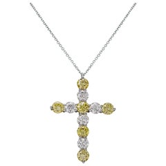 4.32 Carats Total Alternating Yellow and White Diamond Cross Pendant Necklace