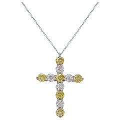4.32 Carats Total Alternating Yellow & White Diamond Cross Pendant Necklace