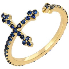 14 Karat Yellow Gold Blue Sapphire Cross Ring